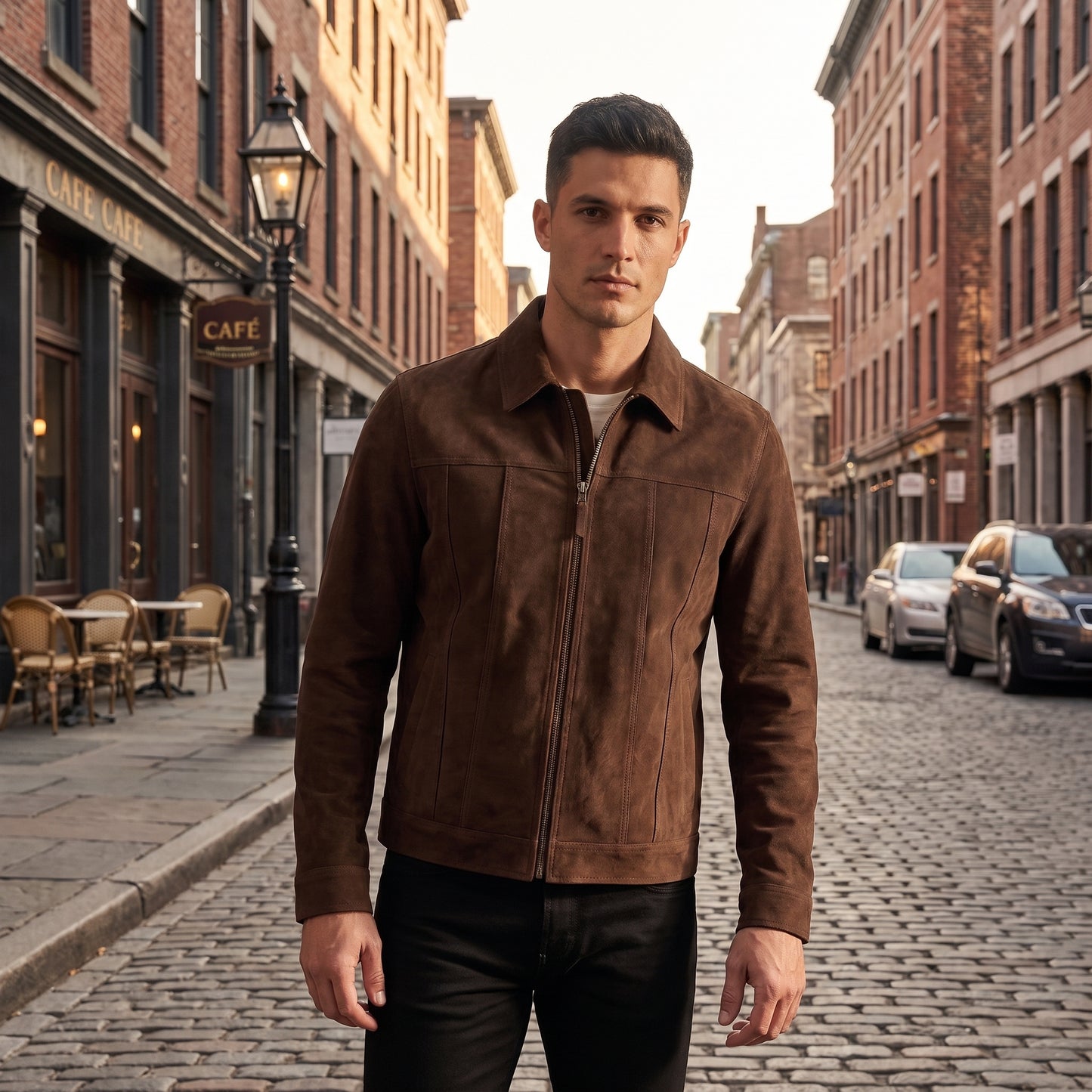 Men's Brown Suede Trucker Jacket | Genuine Leather Zip-Up Jacket