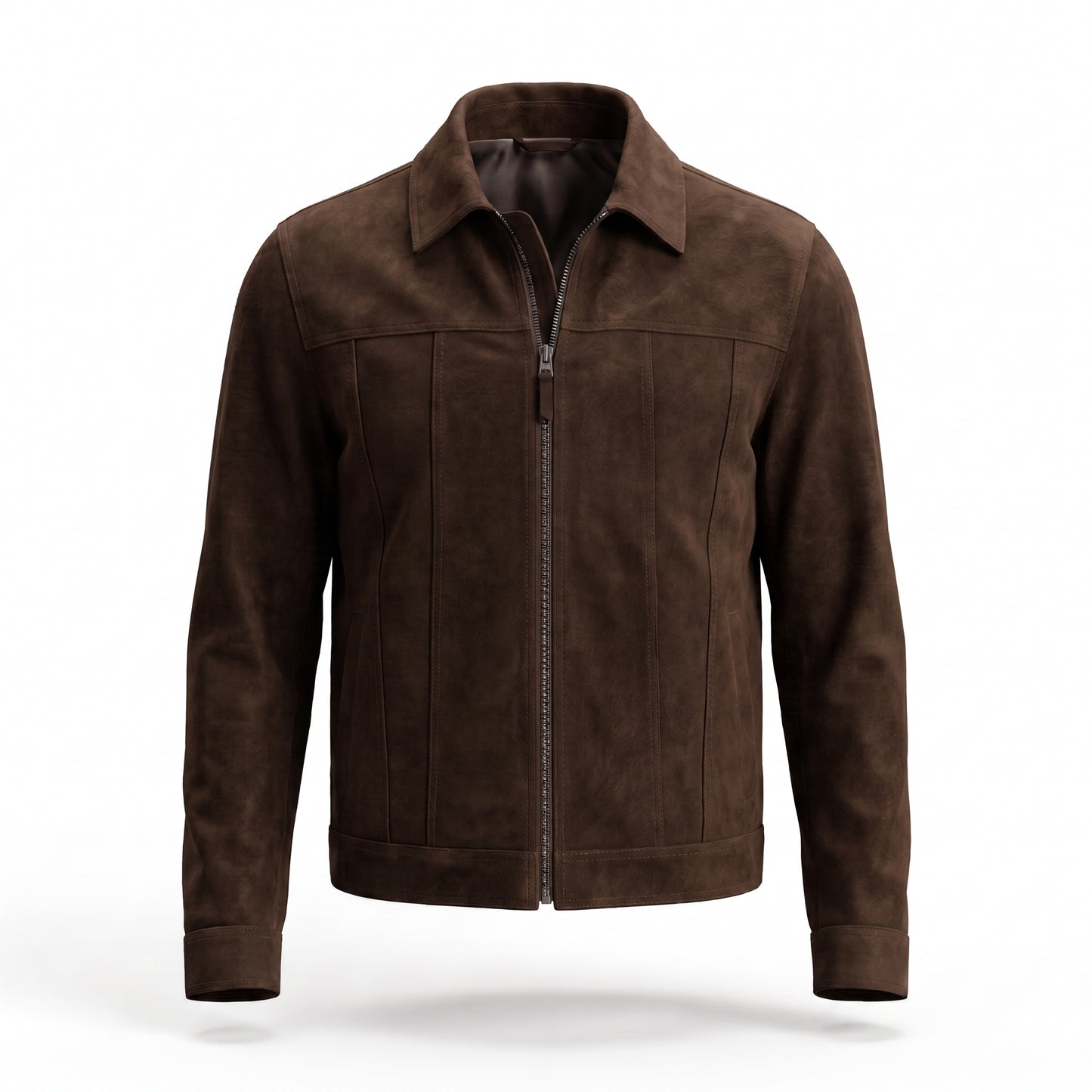 Men's Brown Suede Trucker Jacket | Genuine Leather Zip-Up Jacket