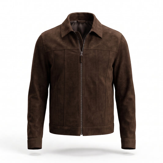 Men's Brown Suede Trucker Jacket | Genuine Leather Zip-Up Jacket