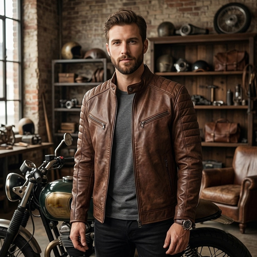Men’s Classic Brown Racer Leather Jacket – Timeless Motorcycle Style