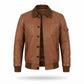 Men's Brown Leather Jacket | Button-Front Bomber with Quilted Pockets & Contrast Collar