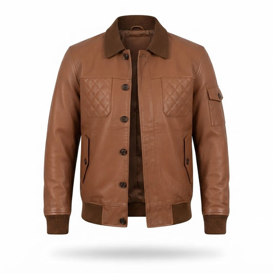 Men's Brown Leather Jacket | Button-Front Bomber with Quilted Pockets & Contrast Collar