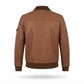 Men's Brown Leather Jacket | Button-Front Bomber with Quilted Pockets & Contrast Collar