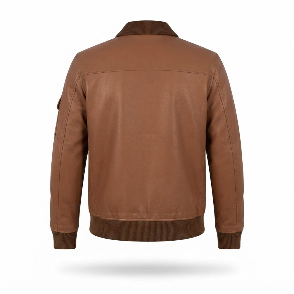 Men's Brown Leather Jacket | Button-Front Bomber with Quilted Pockets & Contrast Collar