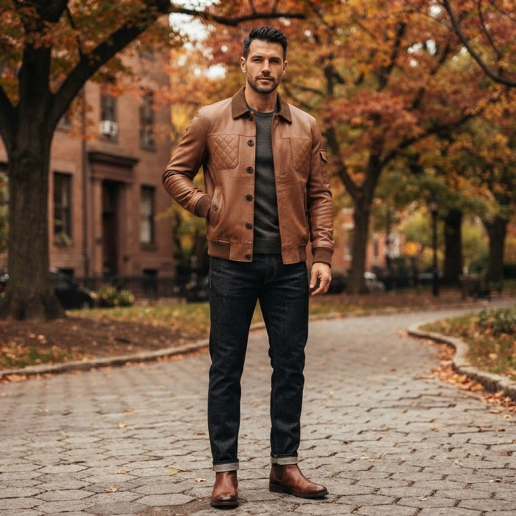Men's Brown Leather Jacket | Button-Front Bomber with Quilted Pockets & Contrast Collar