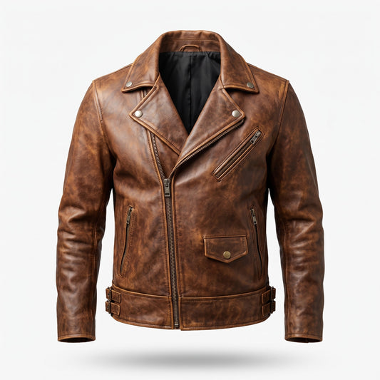 Men’s Brown Distressed Biker Leather Jacket – Timeless Vintage Style