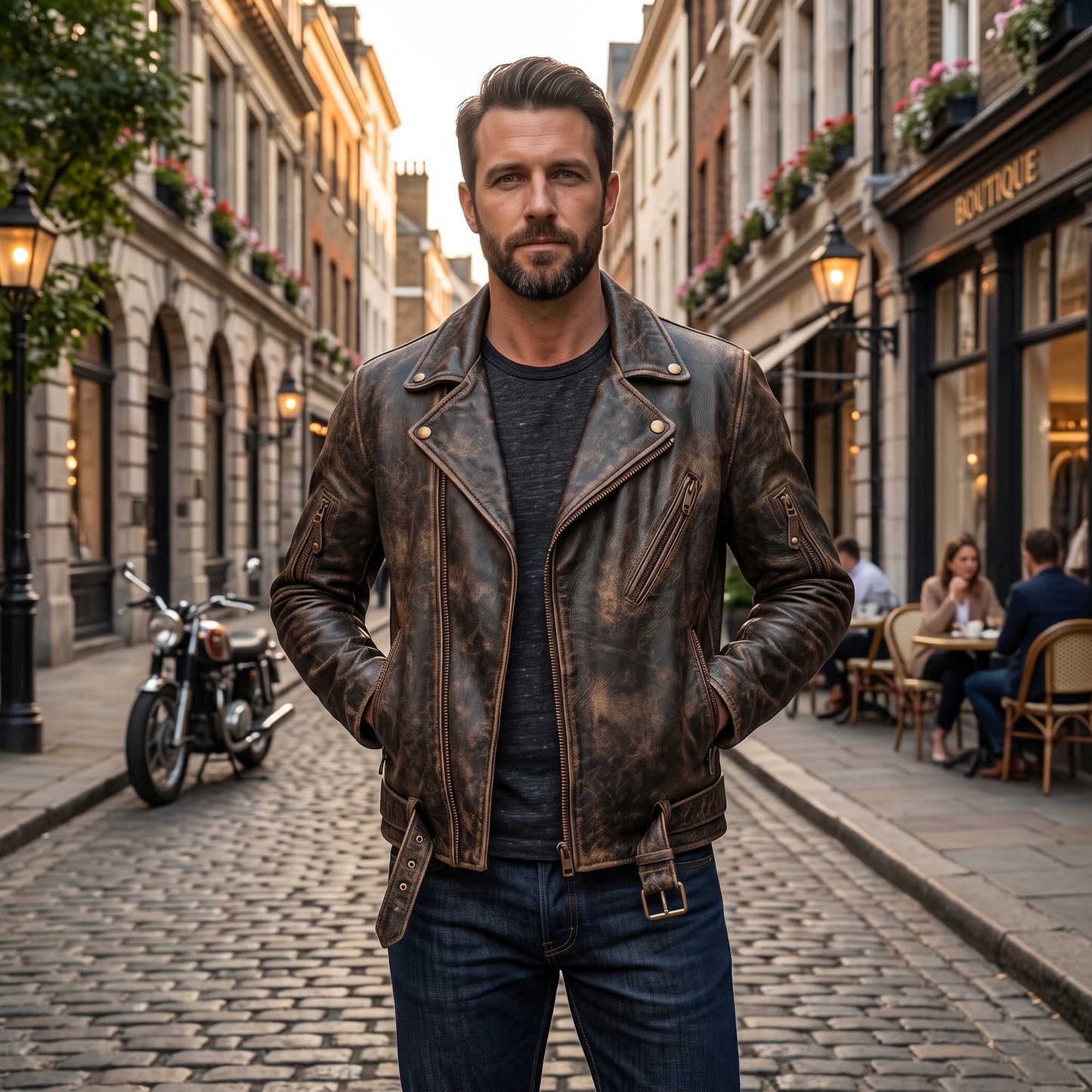 Men's Distressed Brown Leather Motorcycle Jacket | Belted Biker Jacket