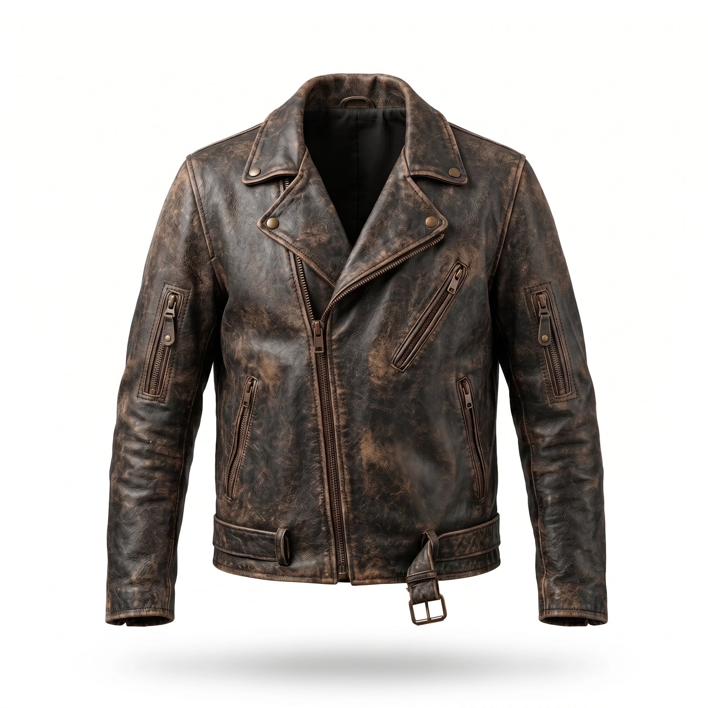 Men's Distressed Brown Leather Motorcycle Jacket | Belted Biker Jacket