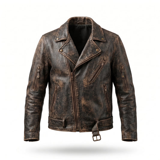 Men's Distressed Brown Leather Motorcycle Jacket | Belted Biker Jacket