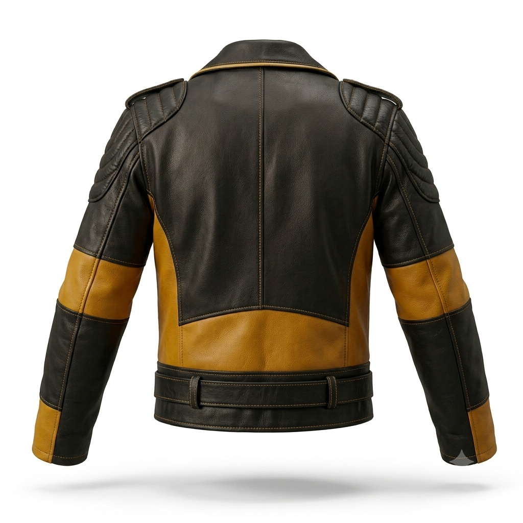 Men's Black & Mustard Leather Biker Jacket | Belted Moto Jacket with Quilted Shoulders