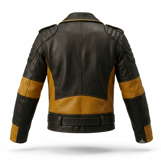 Men's Black & Mustard Leather Biker Jacket | Belted Moto Jacket with Quilted Shoulders
