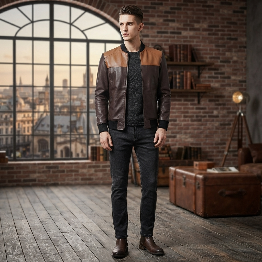 Men's Two-Tone Brown Leather Bomber Jacket | Contrast Shoulder Panel Zip-Up Jacket