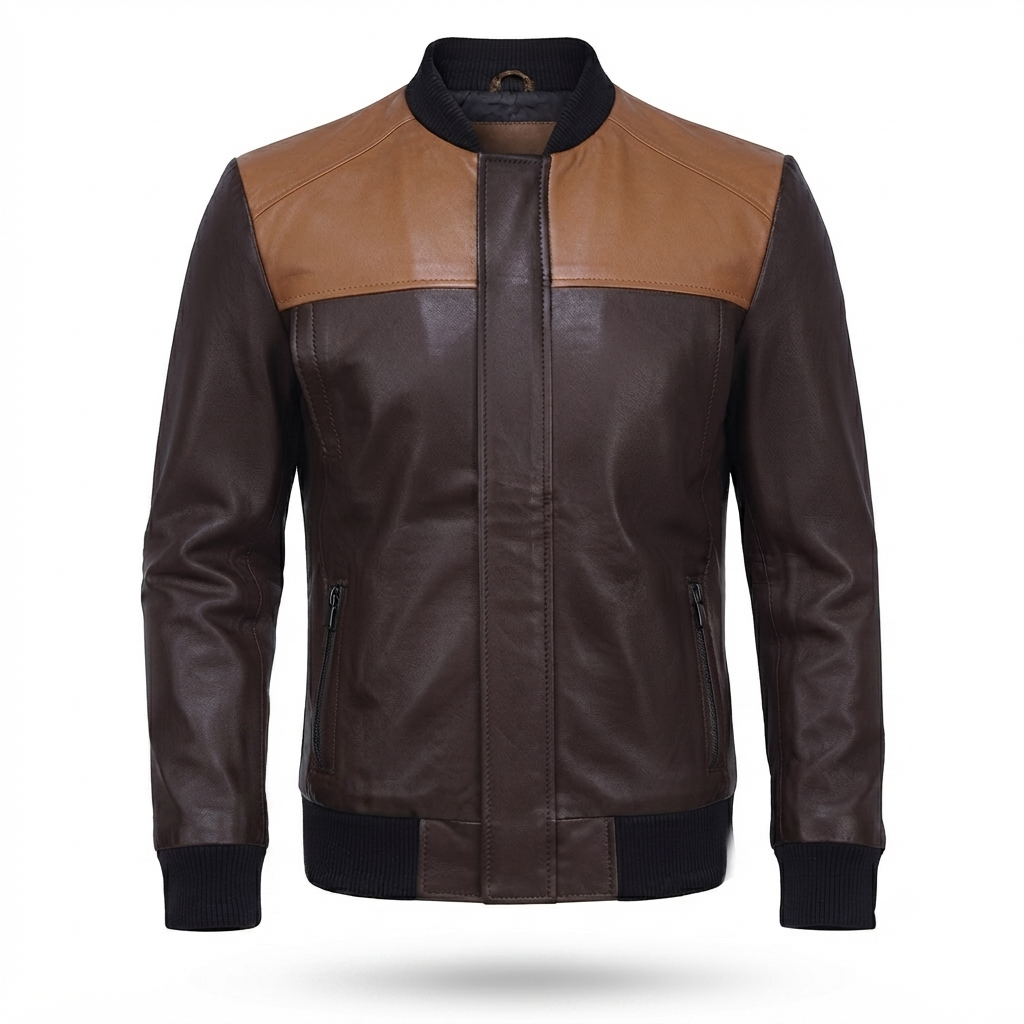 Men's Two-Tone Brown Leather Bomber Jacket | Contrast Shoulder Panel Zip-Up Jacket