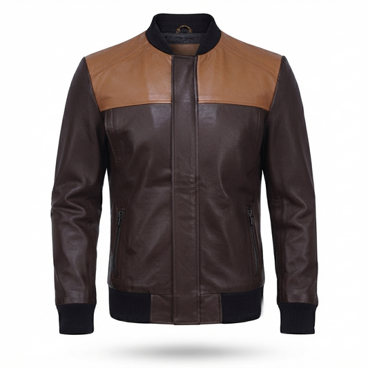 Men's Two-Tone Brown Leather Bomber Jacket | Contrast Shoulder Panel Zip-Up Jacket