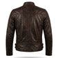Men's Distressed Brown Leather Racer Jacket | Buckle-Cuff Moto Jacket with Contrast Stitching