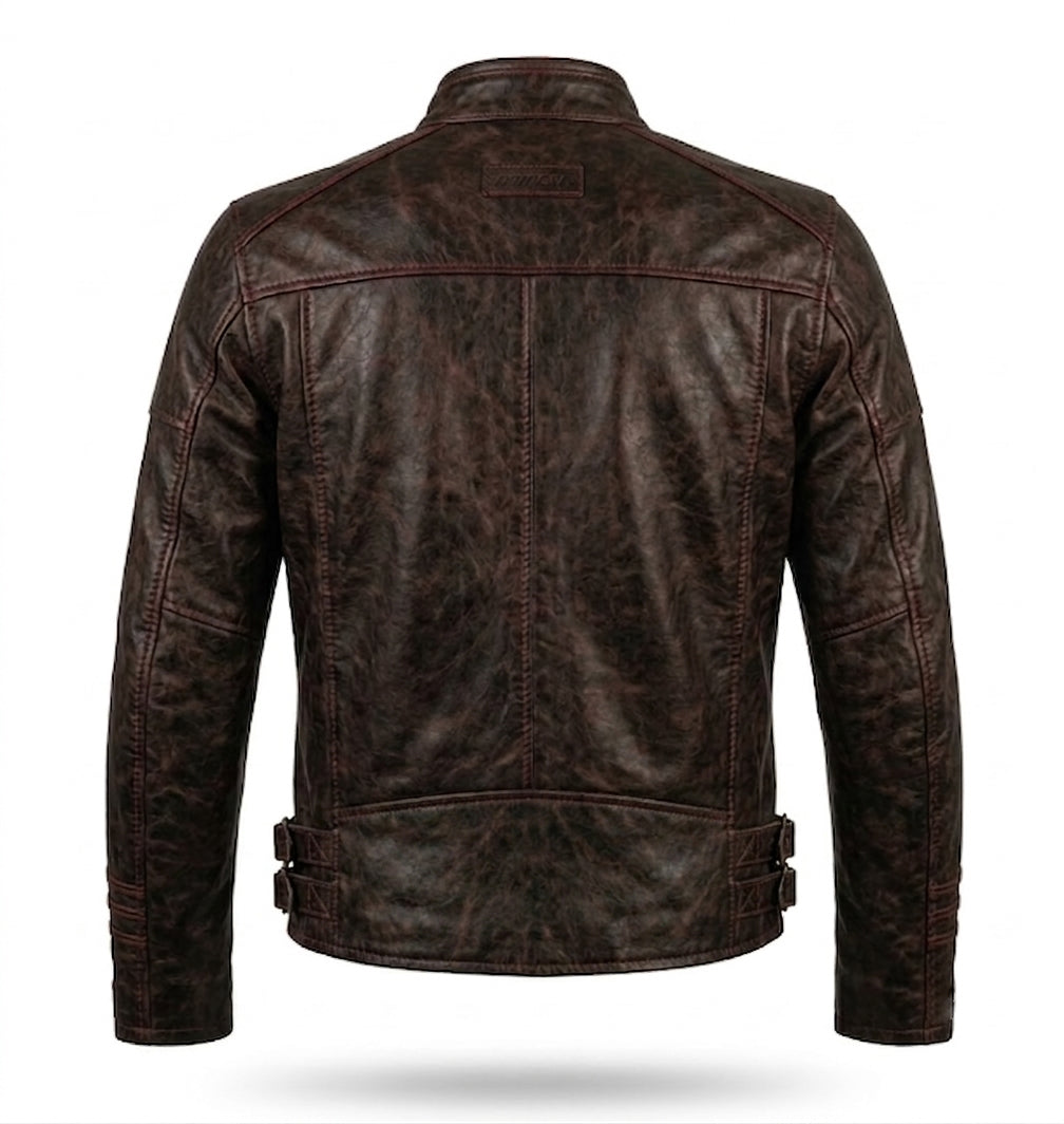 Men's Distressed Brown Leather Racer Jacket | Buckle-Cuff Moto Jacket with Contrast Stitching