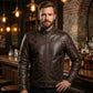 Men's Distressed Brown Leather Racer Jacket | Buckle-Cuff Moto Jacket with Contrast Stitching