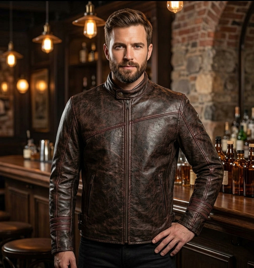 Men's Distressed Brown Leather Racer Jacket | Buckle-Cuff Moto Jacket with Contrast Stitching