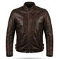 Men's Distressed Brown Leather Racer Jacket | Buckle-Cuff Moto Jacket with Contrast Stitching