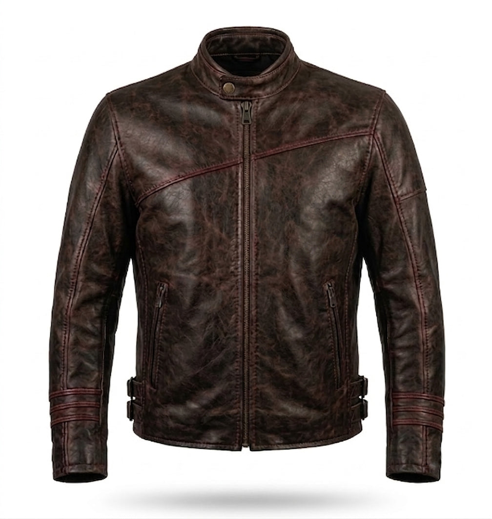 Men's Distressed Brown Leather Racer Jacket | Buckle-Cuff Moto Jacket with Contrast Stitching