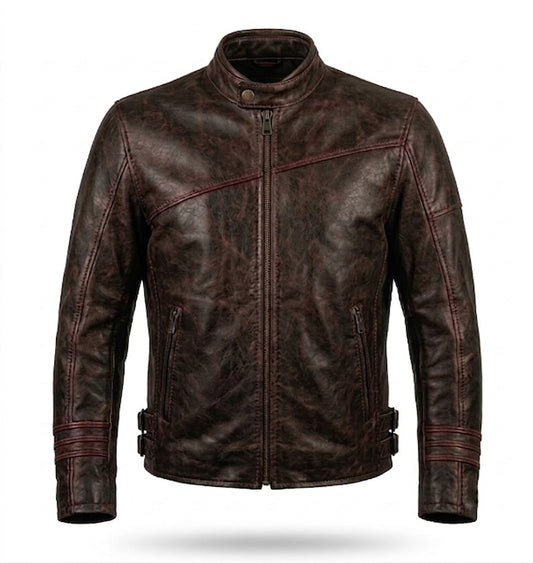 Men's Distressed Brown Leather Racer Jacket | Buckle-Cuff Moto Jacket with Contrast Stitching