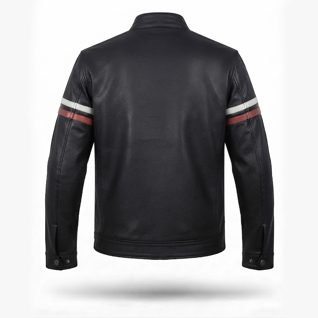 Men's Black Leather Racer Jacket | Red & White Racing Stripe Moto Jacket