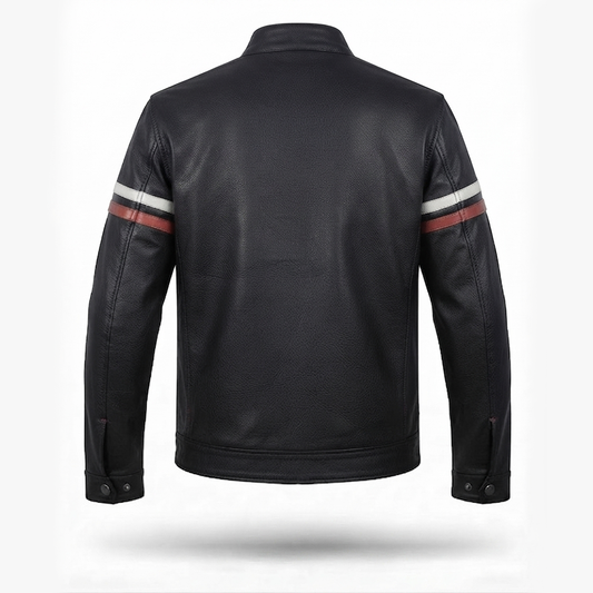 Men's Black Leather Racer Jacket | Red & White Racing Stripe Moto Jacket