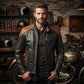 Men's Black & Tan Distressed Leather Jacket | Quilted Shoulder Racer Jacket with Snap Cuffs