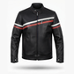 Men's Black Leather Racer Jacket | Red & White Racing Stripe Moto Jacket
