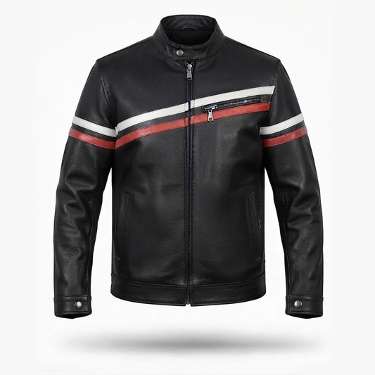 Men's Black Leather Racer Jacket | Red & White Racing Stripe Moto Jacket