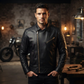 Men's Black Leather Jacket | Quilted Shoulder & Elbow Panel Jacket with Gold Hardware