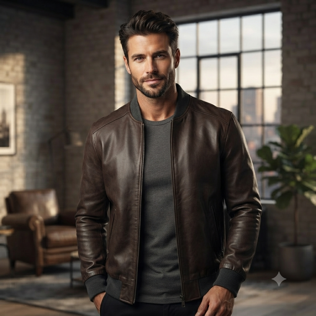 Men's Bomber Jacket | Classic Ribbed Collar Zip-Up with Snap Pockets