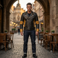 Men's Black & Mustard Leather Biker Jacket | Belted Moto Jacket with Quilted Shoulders