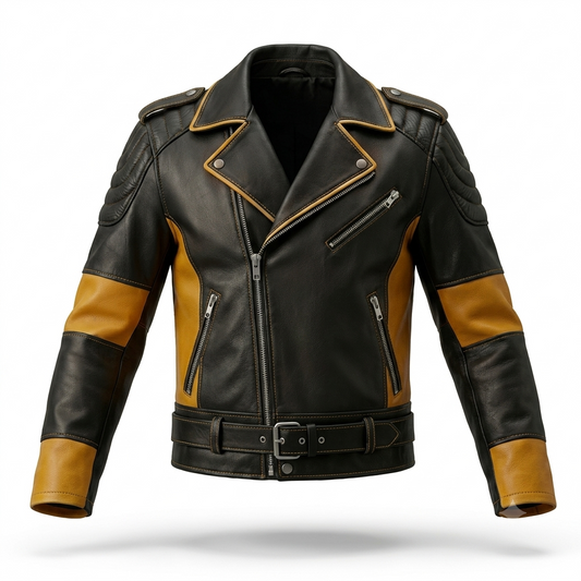 Men's Black & Mustard Leather Biker Jacket | Belted Moto Jacket with Quilted Shoulders