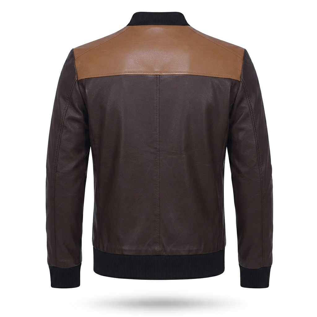 Men's Two-Tone Brown Leather Bomber Jacket | Contrast Shoulder Panel Zip-Up Jacket