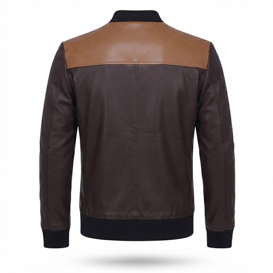 Men's Two-Tone Brown Leather Bomber Jacket | Contrast Shoulder Panel Zip-Up Jacket