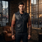 Men's Black Leather Biker Jacket | Ombre Colorblock Sleeves Moto Jacket