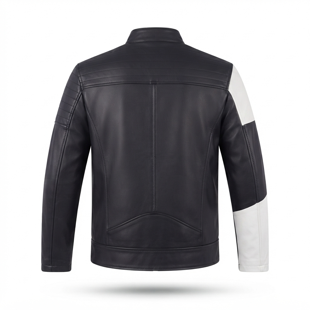Men's Black Leather Racer Jacket | Diagonal Racing Stripe Moto Jacket with Color-Block Sleeve