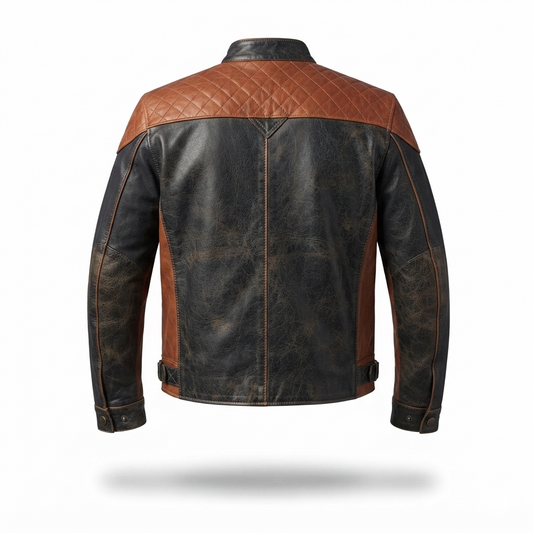 Men's Black & Tan Distressed Leather Jacket | Quilted Shoulder Racer Jacket with Snap Cuffs