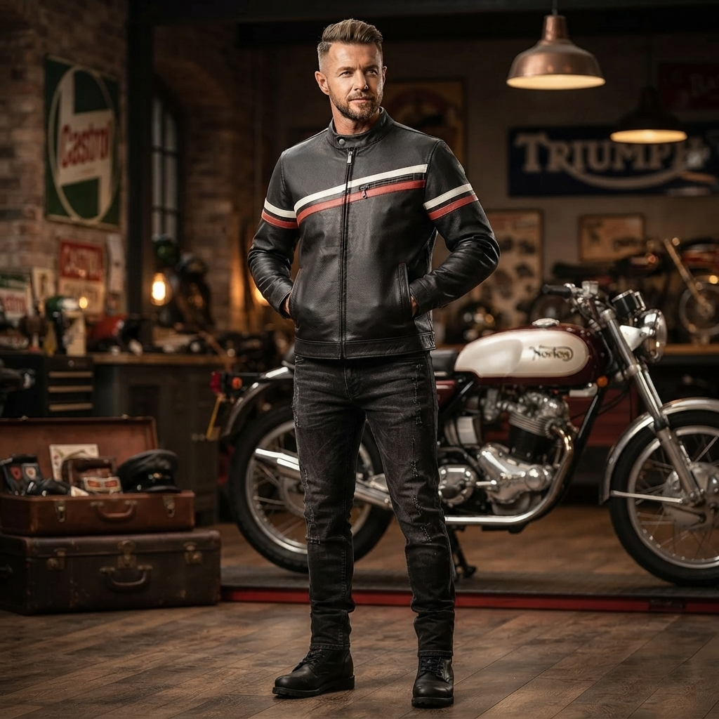 Men's Black Leather Racer Jacket | Red & White Racing Stripe Moto Jacket
