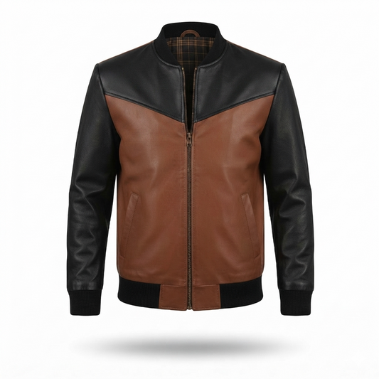 Men's Brown & Black Two-Tone Leather Bomber Jacket | Contrast Panel Zip-Up Jacket