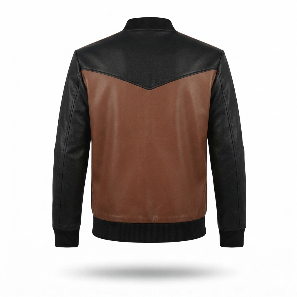 Men's Brown & Black Two-Tone Leather Bomber Jacket | Contrast Panel Zip-Up Jacket