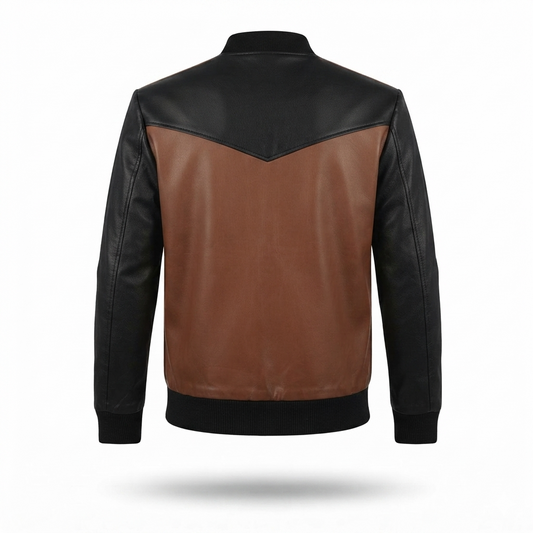 Men's Brown & Black Two-Tone Leather Bomber Jacket | Contrast Panel Zip-Up Jacket