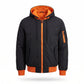Men's Hooded Bomber Jacket – Black & Orange Contrast Windbreaker with Detachable-Style Hood