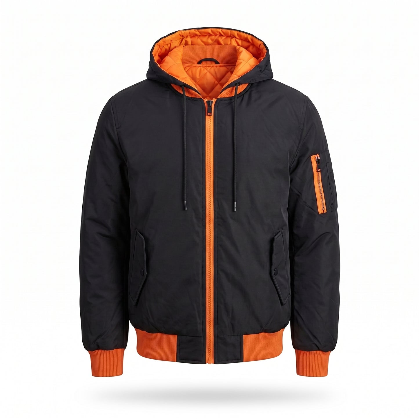 Men's Hooded Bomber Jacket – Black & Orange Contrast Windbreaker with Detachable-Style Hood