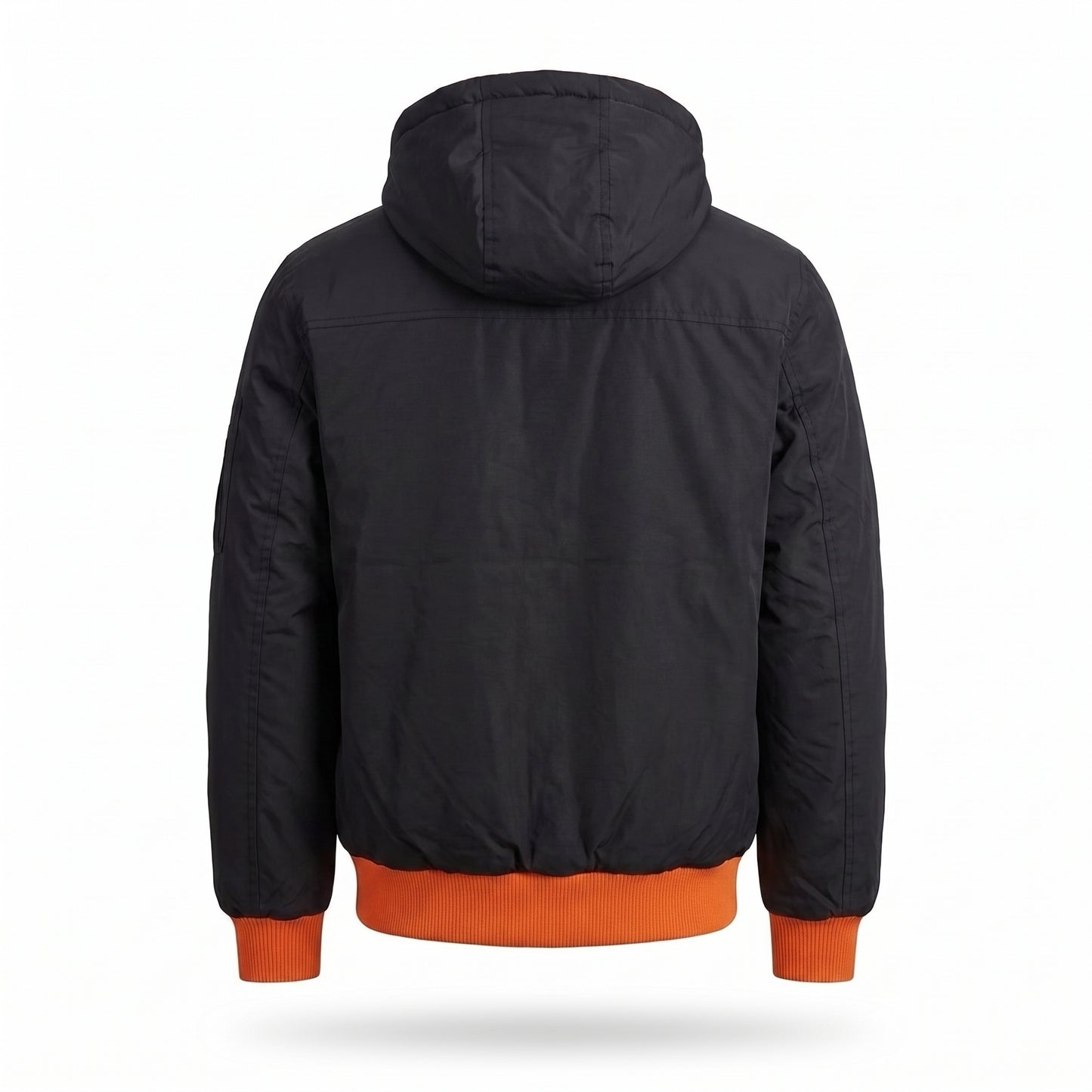 Men's Hooded Bomber Jacket – Black & Orange Contrast Windbreaker with Detachable-Style Hood
