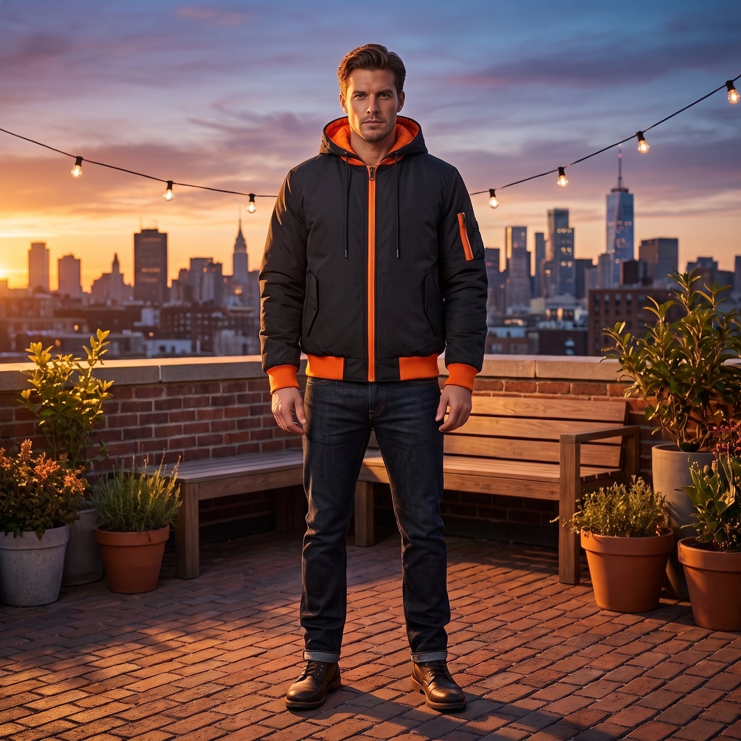 Men's Hooded Bomber Jacket – Black & Orange Contrast Windbreaker with Detachable-Style Hood