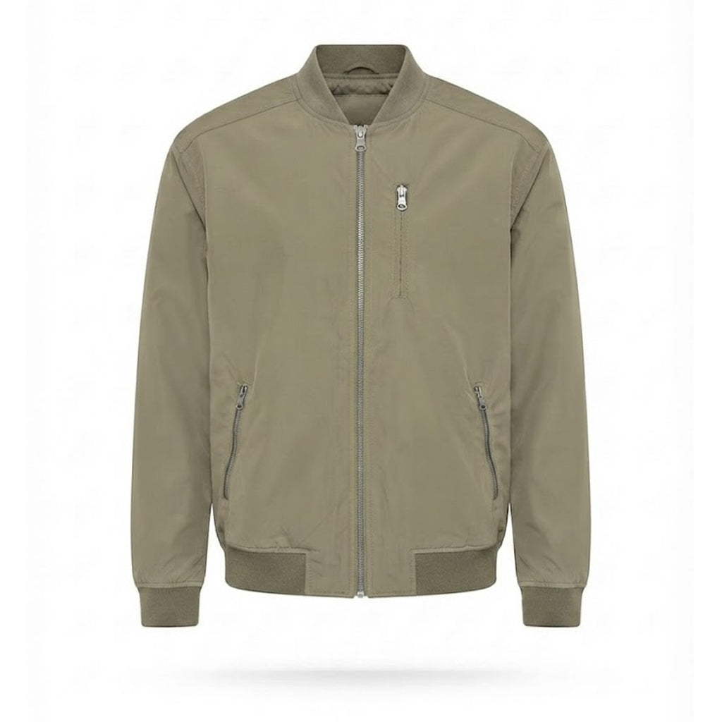 Men's Olive Bomber Jacket | Minimalist Casual Zip-Up Jacket with Chest Pocket