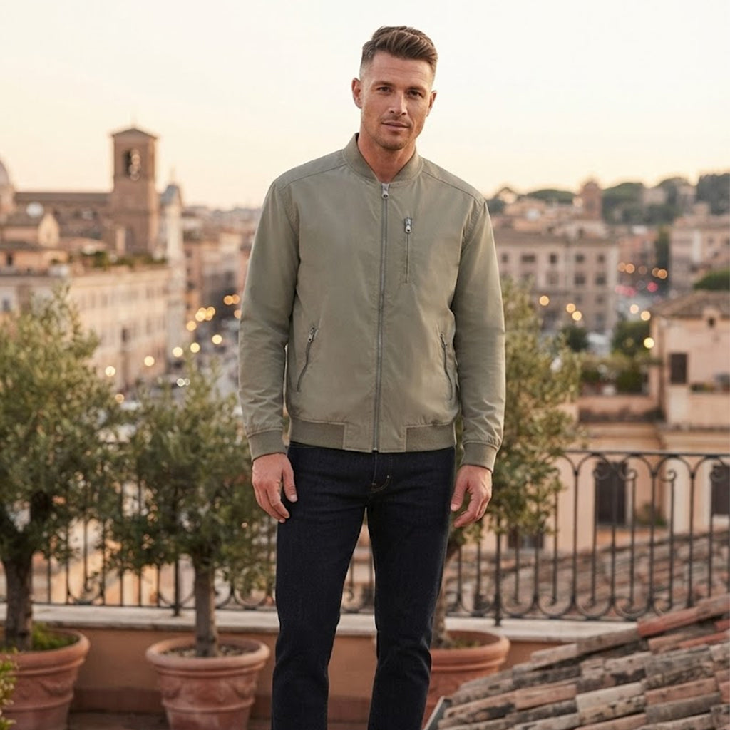 Men's Olive Bomber Jacket | Minimalist Casual Zip-Up Jacket with Chest Pocket