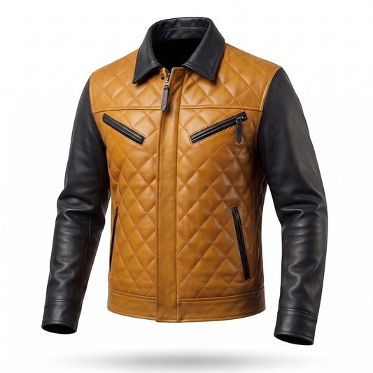 Men's Mustard & Black Quilted Leather Jacket | Two-Tone Diamond-Stitched Premium Trucker Jacket